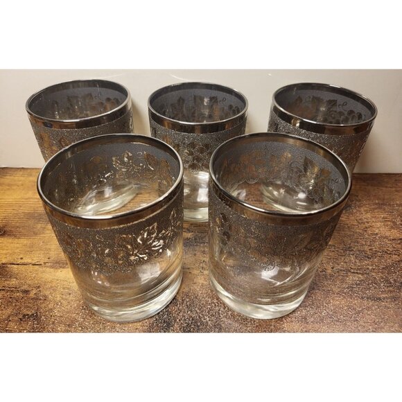 MCM Silver Fade Ombre Old Fashioned Glasses Set of 5 Textured Grapes & Leaves - Picture 7 of 12